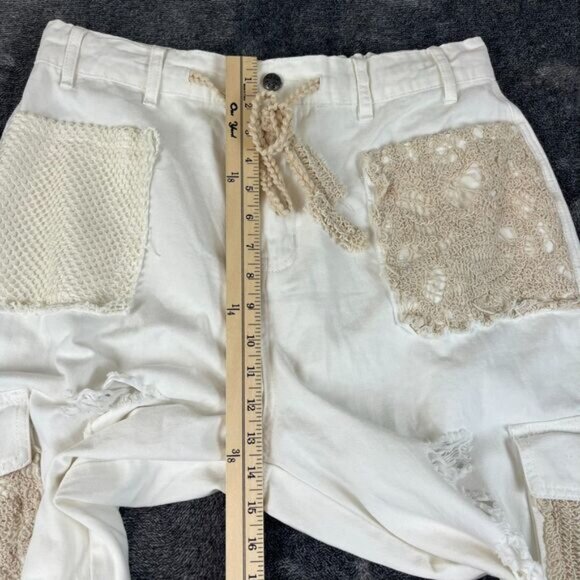 POL Crochet Pocket Baggy White Joggers Pants Drawstring Women's L Boho Cargo - Picture 10 of 13